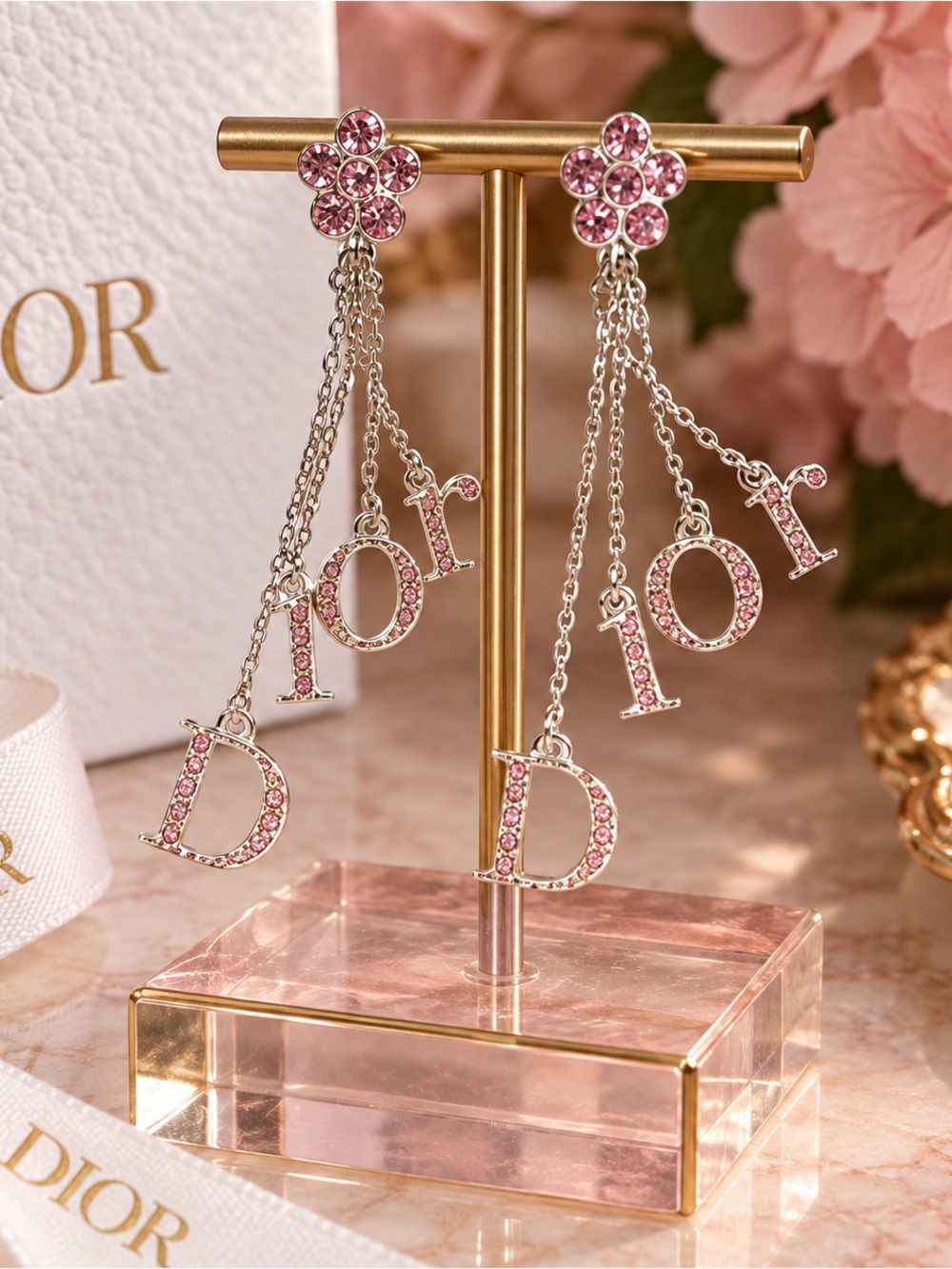 CHRISTIAN DIOR Pink Mini Flower Drop Clip On Earrings